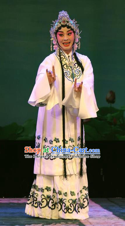 Chinese Hebei Clapper Opera Diva Bai Suzhen Garment Costumes and Headdress Madam White Snake Traditional Bangzi Opera Hua Tan Dress Young Female Apparels