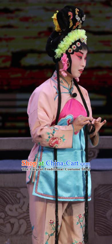 Chinese Shanxi Clapper Opera Xiaodan Garment Costumes and Headdress Traditional Bangzi Opera Diva Zhang Cuigu Dress Village Girl Apparels