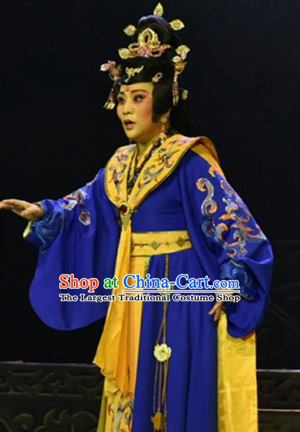 Chinese Shanxi Clapper Opera Imperial Empress Garment Costumes and Headdress Ping Cheng Fu Traditional Bangzi Opera Diva Feng Yan Blue Dress Apparels