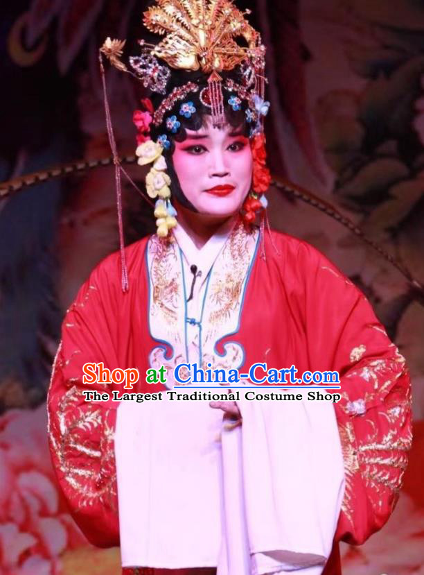 Chinese Shanxi Clapper Opera Hua Tan Wang Yulian Garment Costumes and Headdress Traditional Bangzi Opera Diva Red Dress Young Female Apparels