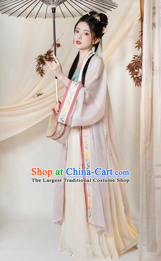Chinese Ancient Young Lady Embroidered Hanfu Dress Apparels Traditional Song Dynasty Civilian Girl Historical Costumes Complete Set