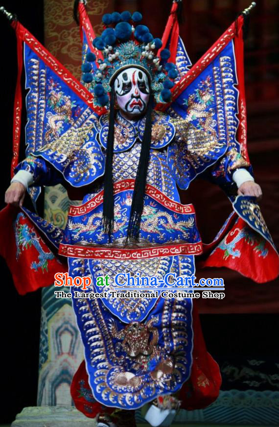 Er Jin Gong Chinese Bangzi Opera General Blue Kao Apparels Costumes and Headpieces Traditional Shanxi Clapper Opera Jing Garment Armor Clothing with Flags