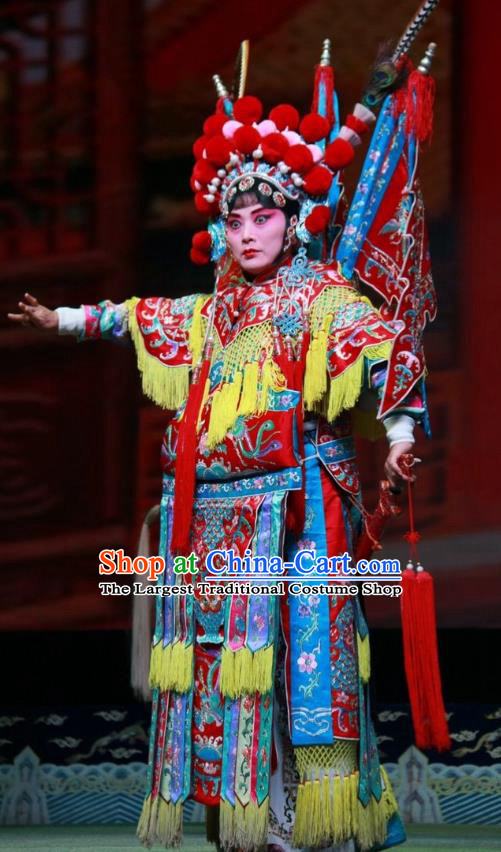 Chinese Shanxi Clapper Opera Tao Ma Tan Garment Costumes and Headdress Er Jin Gong Traditional Bangzi Opera Martial Female Dress Red Apparels with Flags