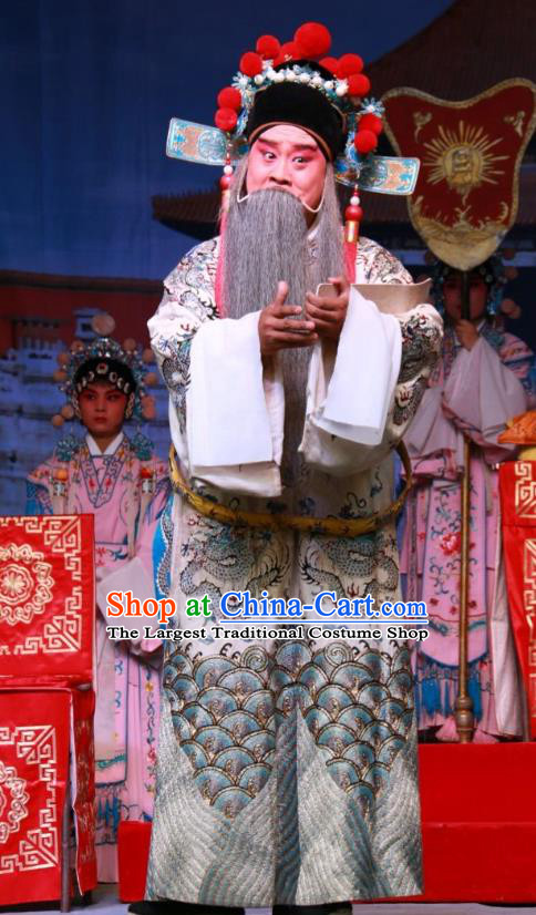 Zhong Bao Guo Chinese Bangzi Opera Laosheng Yang Bo Apparels Costumes and Headpieces Traditional Shanxi Clapper Opera Elderly Male Garment Official White Clothing
