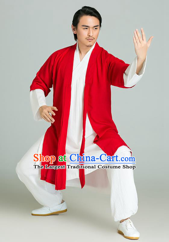 Top Grade Chinese Tai Ji Training Uniforms Kung Fu Martial Arts Costume Shaolin Gongfu Red Cloak White Shirt and Pants for Men