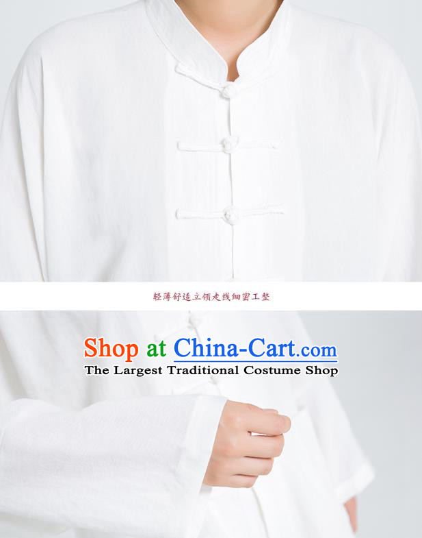 Professional Chinese Hand Painting Lotus Tai Chi White Flax Blouse and Pants Outfits Martial Arts Shaolin Gongfu Costumes Kung Fu Training Garment for Women