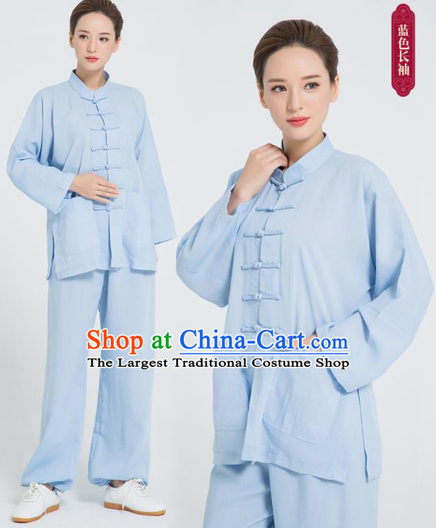 Professional Chinese Hand Painting Lotus Tai Chi Blue Flax Blouse and Pants Outfits Martial Arts Shaolin Gongfu Costumes Kung Fu Training Garment for Women
