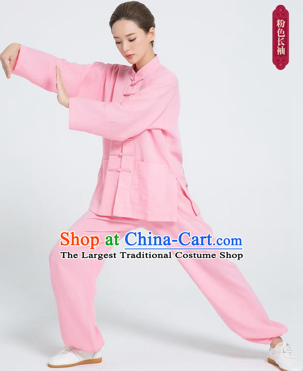 Professional Chinese Hand Painting Lotus Tai Chi Pink Flax Blouse and Pants Outfits Martial Arts Shaolin Gongfu Costumes Kung Fu Training Garment for Women