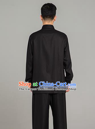 Top Grade Chinese Tai Ji Training Black Linen Uniforms Kung Fu Martial Arts Costume Shaolin Gongfu Blouse and Pants for Men