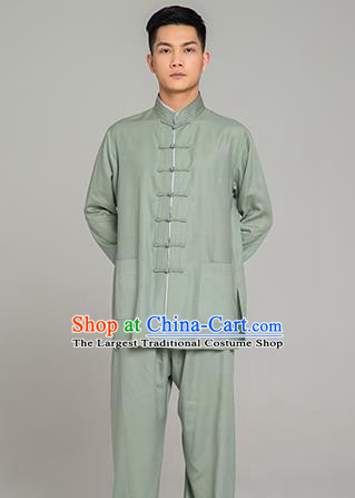 Top Grade Chinese Tai Ji Training Light Green Linen Uniforms Kung Fu Martial Arts Costume Shaolin Gongfu Blouse and Pants for Men
