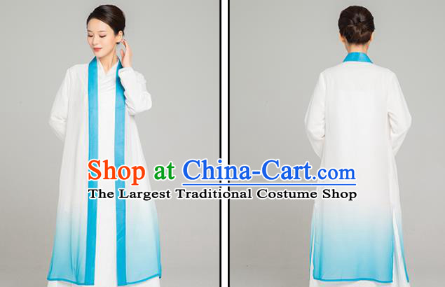 Asian Chinese Traditional Tang Suit Light Blue Chiffon Cloak Martial Arts Costumes China Kung Fu Upper Outer Garment Cardigan for Women