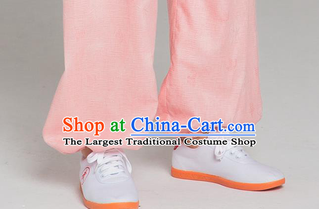 Professional Chinese Tang Suit Jacquard Pink Flax Blouse and Pants Outfits Martial Arts Costumes Kung Fu Tai Chi Training Garment for Women