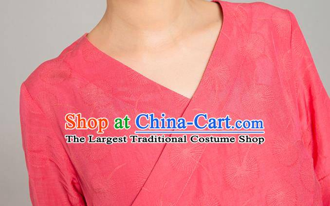 Asian Chinese Traditional Tang Suit Rosy Flax Blouse Martial Arts Costumes China Kung Fu Upper Outer Garment Dress for Women