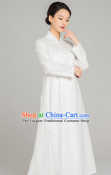 Asian Chinese Traditional Jacquard Maple Leaf White Flax Dress Martial Arts Costumes China Kung Fu Robe Garment for Women