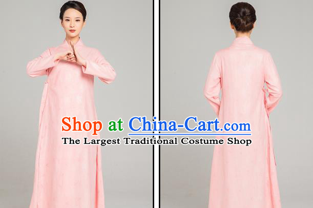 Asian Chinese Traditional Jacquard Maple Leaf Pink Flax Dress Martial Arts Costumes China Kung Fu Robe Garment for Women