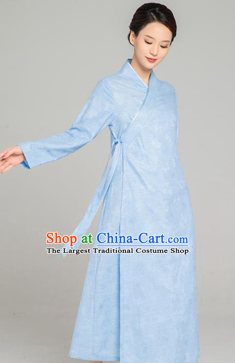 Asian Chinese Traditional Jacquard Maple Leaf Blue Flax Dress Martial Arts Costumes China Kung Fu Robe Garment for Women