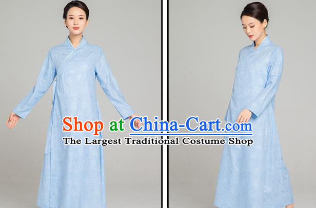 Asian Chinese Traditional Jacquard Maple Leaf Blue Flax Dress Martial Arts Costumes China Kung Fu Robe Garment for Women