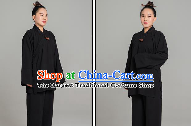 Asian Chinese Traditional Taoist Nun Black Flax Blouse and Pants Martial Arts Costumes China Kung Fu Garment Outfits for Women