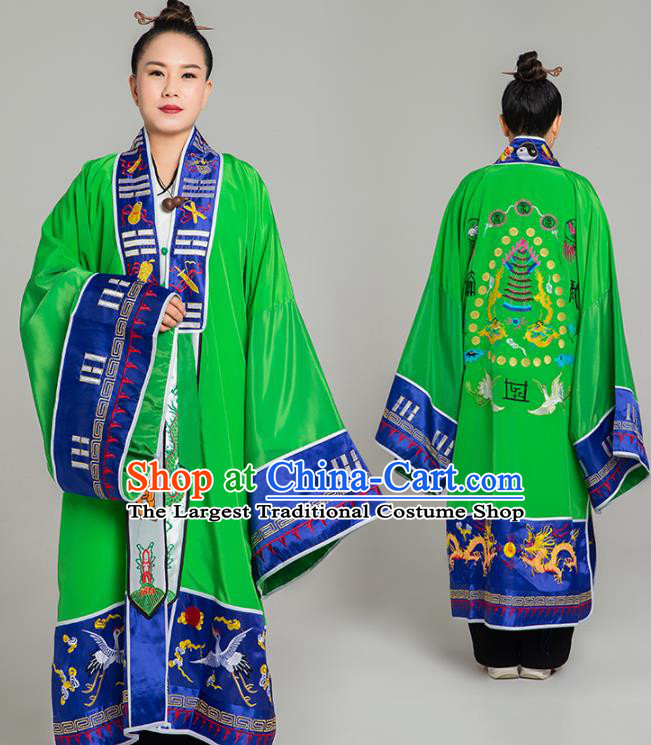 Traditional Chinese Taoist Nun Green Koshibo Priest Frock Martial Arts Costumes China Taoism Tai Chi Garment Embroidered Pagoda Gown for Women