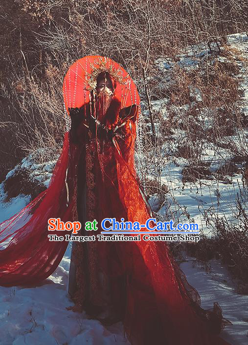 Top Chinese Cosplay Royal Highness Zhu Jiuyin Costume Ancient Swordsman Wedding Red Clothing for Men