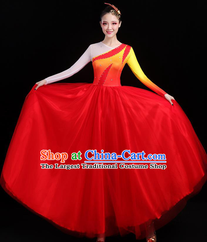 Traditional Chinese Modern Dance Costumes Opening Dance Stage Show Garment Chorus Group Red Veil Dress for Women
