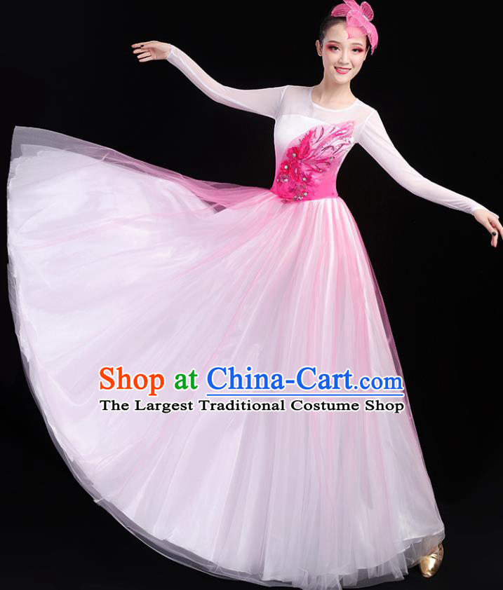 Traditional Chinese Opening Dance Costumes Stage Show Modern Dance Garment Chorus Group Pink Veil Dress and Headpiece for Women