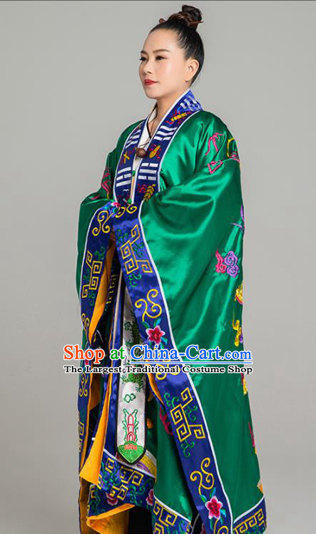 Traditional Chinese Embroidered Green Silk Gown Priest Frock Martial Arts Costumes China Taoism Taoist Nun Tai Chi Garment for Women