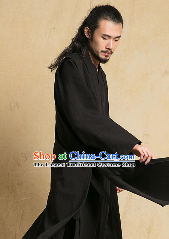Top Grade Chinese Taoist Uniforms Kung Fu Martial Arts Competition Costume Shaolin Gongfu Black Flax Cape Blouse and Pants for Men