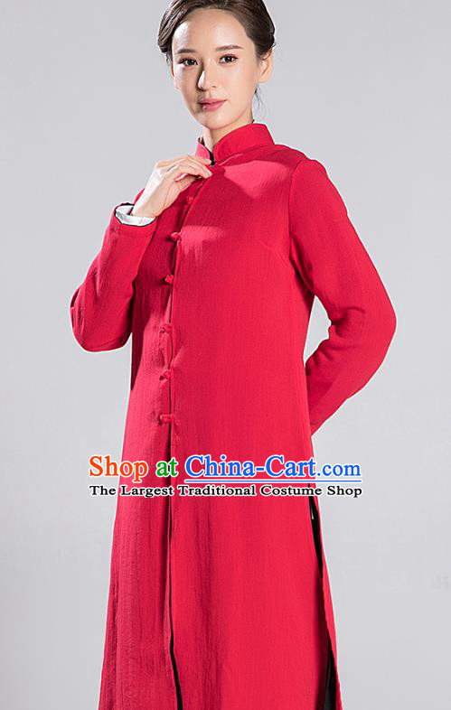 Traditional Chinese Tang Suit Reversible Dust Coat Costumes China Martial Arts Flax Garment Black and Red Overcoat for Women
