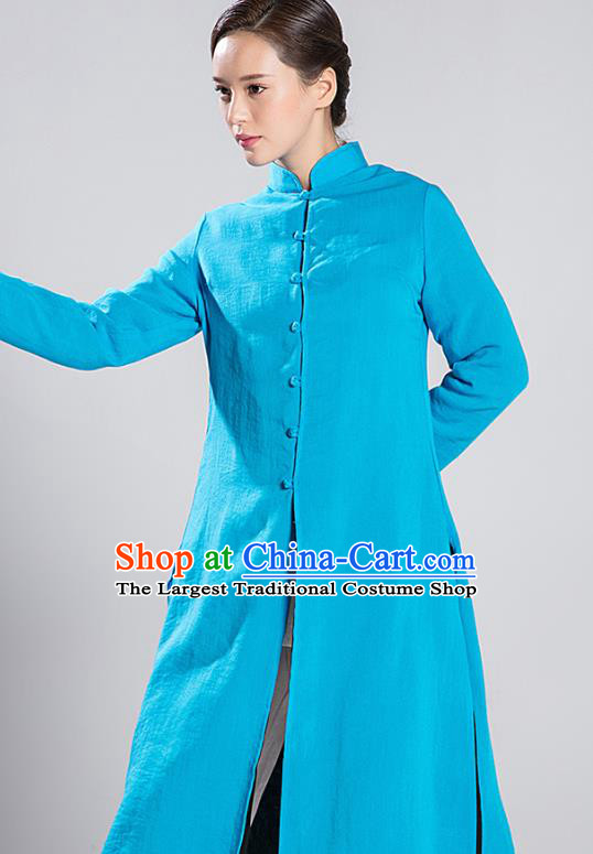 Traditional Chinese Tang Suit Reversible Dust Coat Costumes China Martial Arts Flax Garment Black and Blue Overcoat for Women