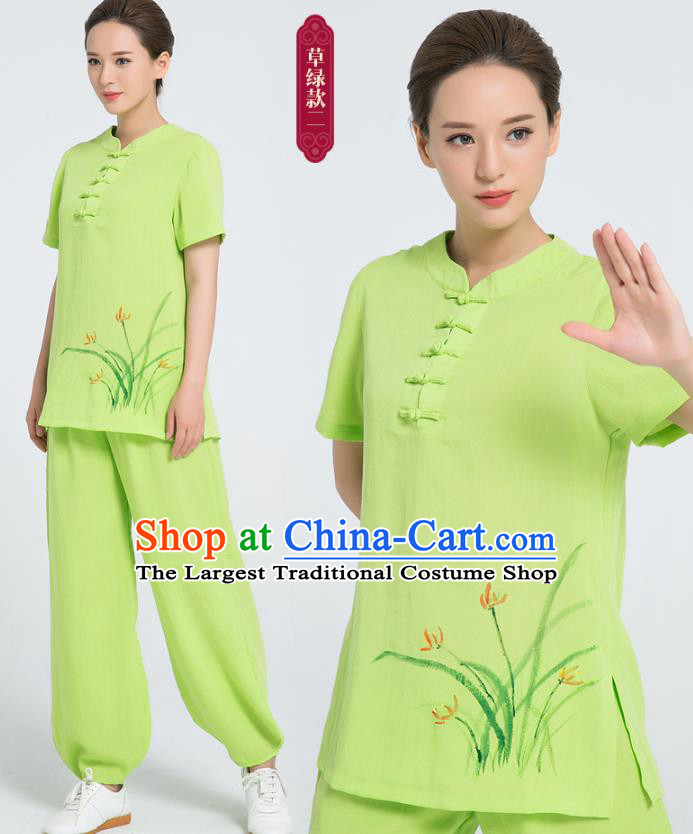 Professional Chinese Tai Chi Hand Painting Orchid Green Flax Blouse and Pants Costumes Kung Fu Training Garment Martial Arts Outfits for Women