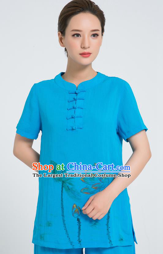 Professional Chinese Tai Chi Hand Painting Lotus Blue Flax Blouse and Pants Costumes Kung Fu Training Garment Martial Arts Outfits for Women