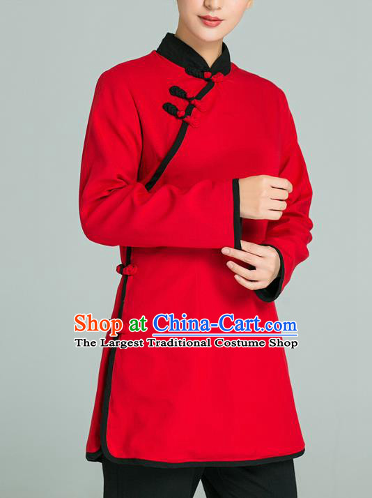 Professional Chinese Tang Suit Red Blouse and Black Pants Costumes Kung Fu Garment Tai Chi Training Outfits for Women