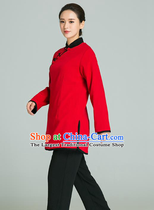 Professional Chinese Tang Suit Red Blouse and Black Pants Costumes Kung Fu Garment Tai Chi Training Outfits for Women