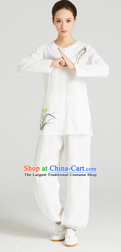 Professional Chinese Hand Painting Orchid Outfits Costumes Kung Fu Garment Traditional Wudang Tai Chi Training White Flax Blouse and Pants for Women