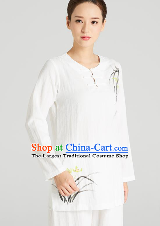 Professional Chinese Hand Painting Orchid Outfits Costumes Kung Fu Garment Traditional Wudang Tai Chi Training White Flax Blouse and Pants for Women