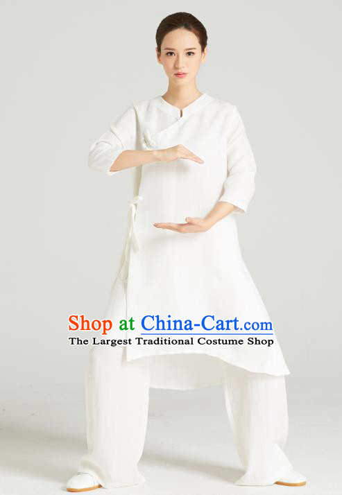 Professional Chinese Wudang Tai Chi Training Outfits Traditional White Flax Blouse and Pants Costumes Kung Fu Garment for Women