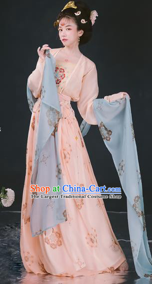 Traditional Chinese Tang Dynasty Imperial Concubine Historical Costumes Ancient Noble Woman Hanfu Garment Pink Cloak Blouse Camisole and Skirt Full Set