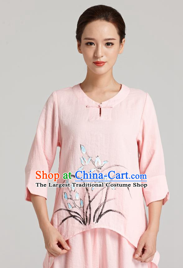 Professional Chinese Traditional Hand Painting Orchid Pink Flax Blouse and Pants Costumes Kung Fu Garment Wudang Tai Chi Training Outfits for Women