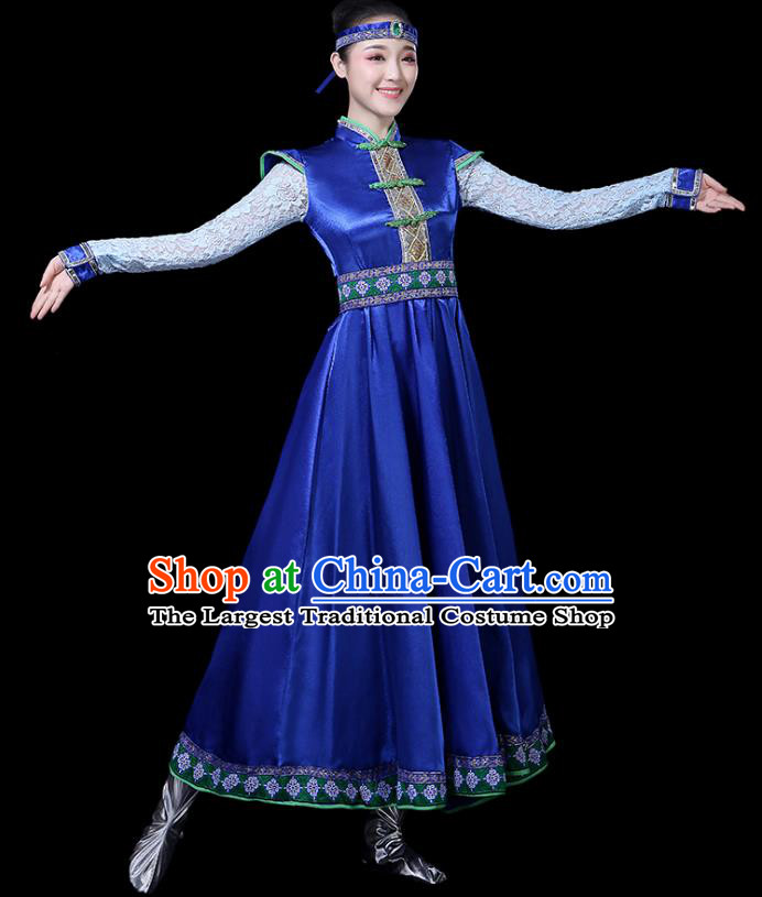 Chinese Traditional Mongolian Ethnic Dance Costumes Folk Dance Apparels Mongol Minority Dance Blue Dress for Women