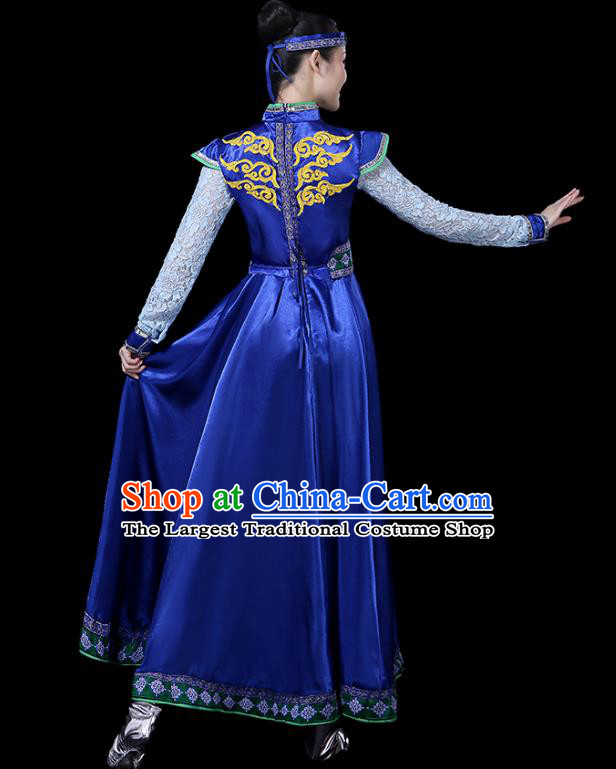 Chinese Traditional Mongolian Ethnic Dance Costumes Folk Dance Apparels Mongol Minority Dance Blue Dress for Women