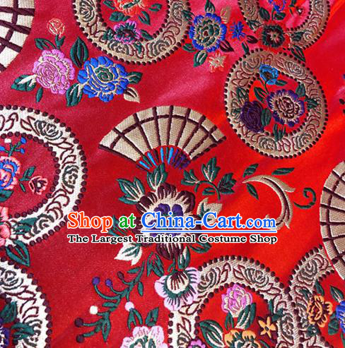 Asian Chinese Traditional Fan Flowers Pattern Design Red Brocade Fabric Cheongsam Silk Tapestry Material