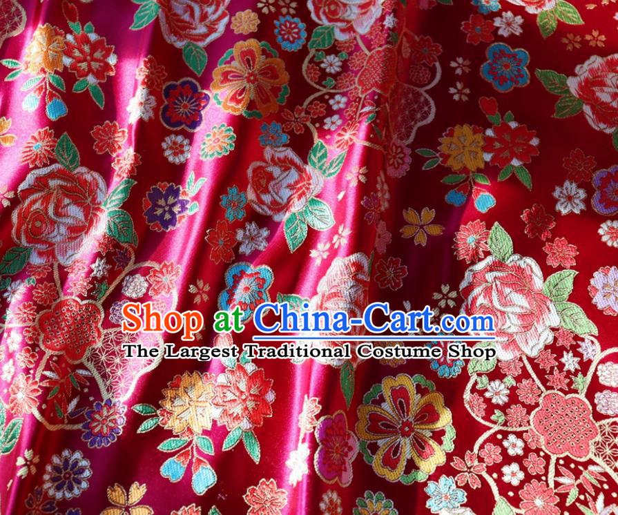 Japanese Traditional Rose Flowers Pattern Design Rosy Brocade Fabric Nishijin Silk Traditional Asian Yamato Kimono Tapestry Satin Material