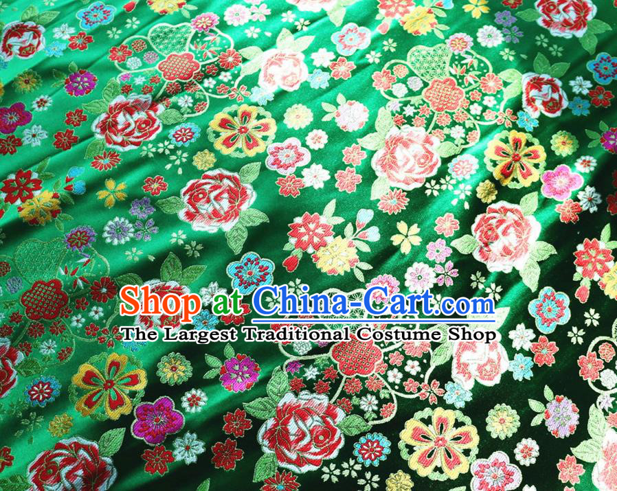 Japanese Traditional Rose Flowers Pattern Design Green Brocade Fabric Nishijin Silk Traditional Asian Yamato Kimono Tapestry Satin Material