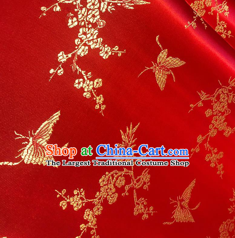 Asian Chinese Traditional Butterfly Plum Pattern Design Red Brocade Fabric Tapestry Cheongsam Silk Material