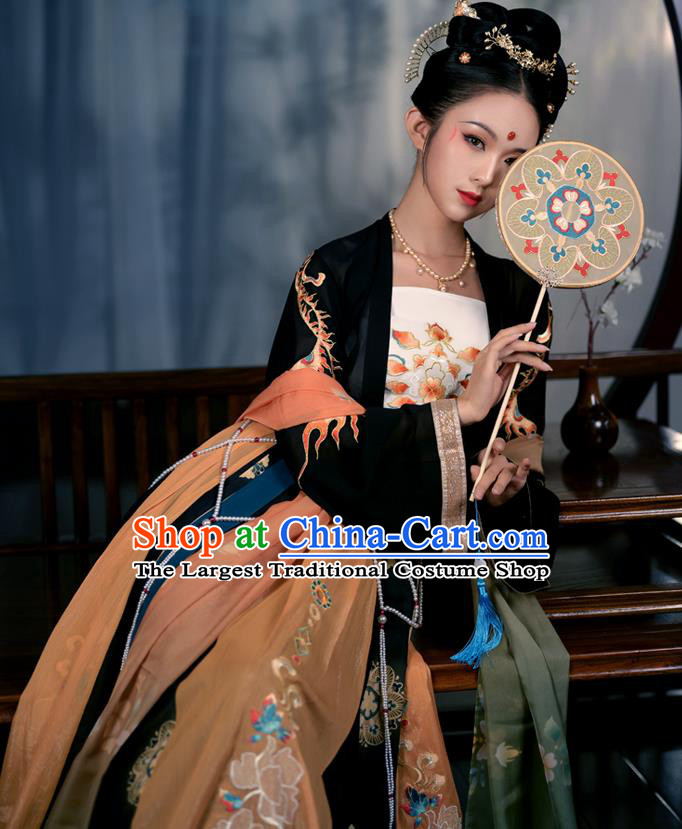 Chinese Ancient Court Maid Costumes Tang Dynasty Palace Lady Hanfu Garment Black Blouse Camisole and Embroidered Skirt Complete Set