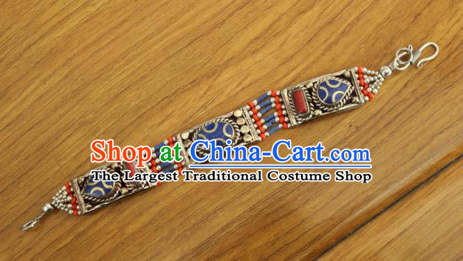 Chinese Traditional Tibetan Nationality Court Silver Bracelet Jewelry Accessories Decoration Zang Ethnic Handmade Royalblue Bangle for Women