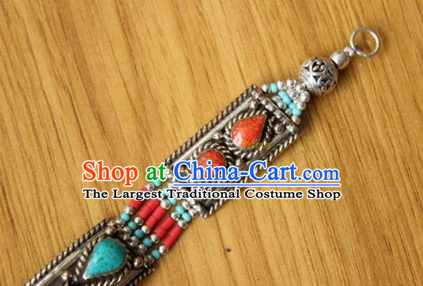 Chinese Traditional Tibetan Nationality Kallaite Bracelet Jewelry Accessories Decoration Zang Ethnic Handmade Silver Carving Bangle for Women