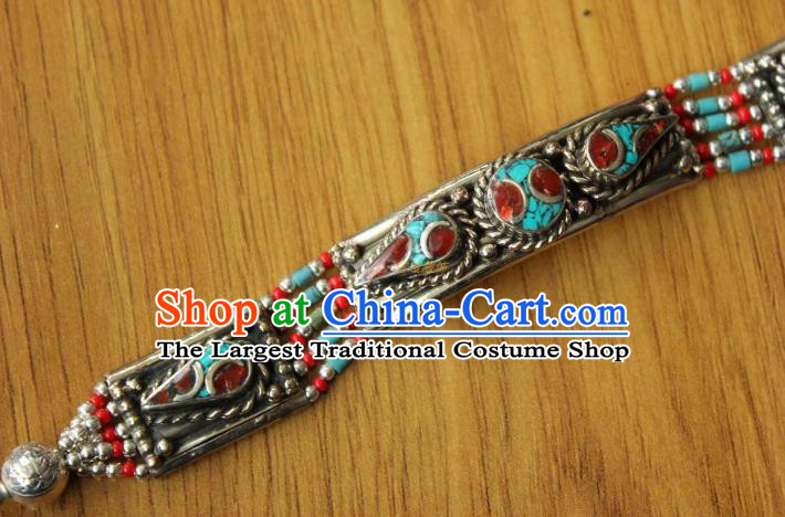 Chinese Traditional Tibetan Nationality Red Crystal Bracelet Jewelry Accessories Decoration Zang Ethnic Handmade Silver Carving Bangle for Women