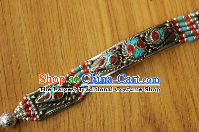 Chinese Traditional Tibetan Nationality Red Crystal Bracelet Jewelry Accessories Decoration Zang Ethnic Handmade Silver Carving Bangle for Women